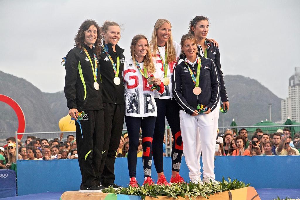 470 Womens  medal presentation (NZL, GBR and FRA) - 2016 Sailing Olympics © Richard Gladwell www.photosport.co.nz